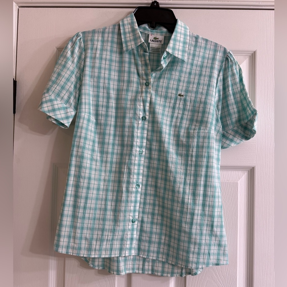 Lacoste Aqua and White Plaid Button-Down Shirt